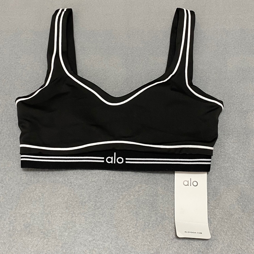 Alo Yoga Womens Black White Piping Logo Band V-Neck Sports Bra NWT
